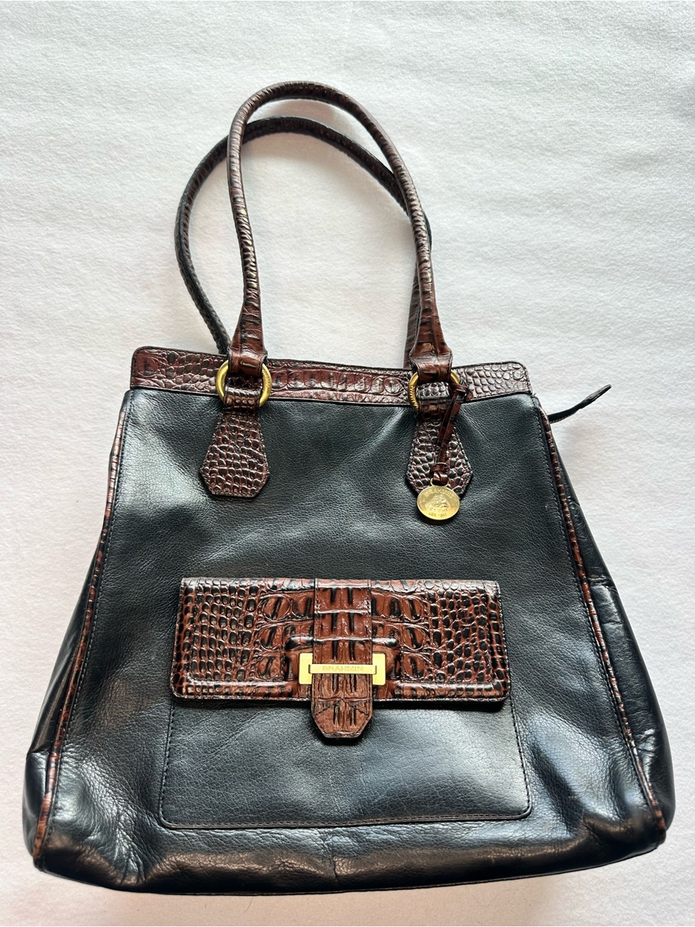 Vintage Brahmin Two-Tone Black & Pecan Croc Embossed Leather Tote Shoulder Bag